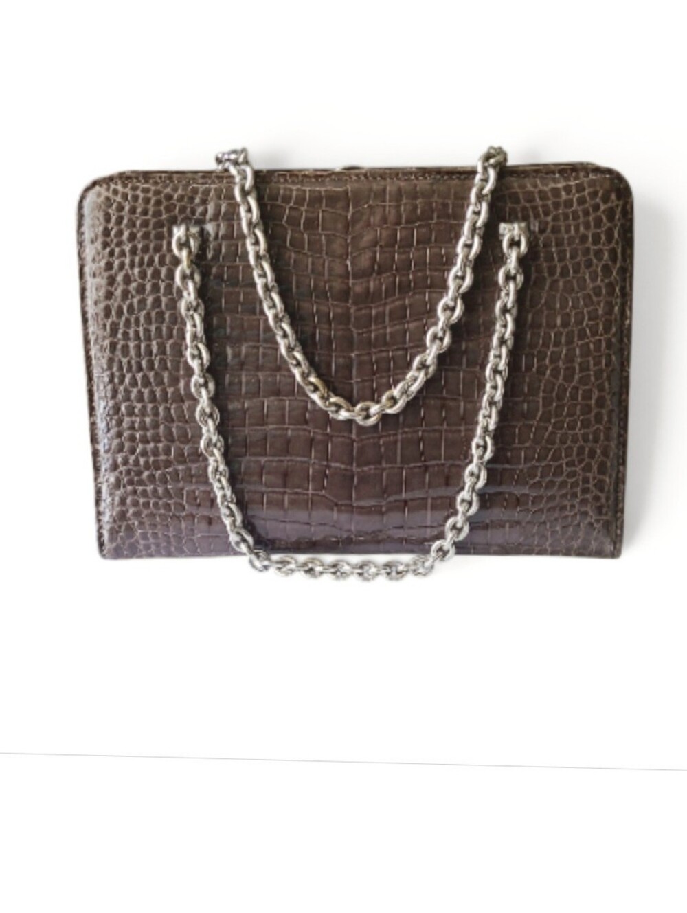 GUCCI 1969 Crocodile Belly Skin W/ Heavy Interlocking Silver Chain Straps Bag